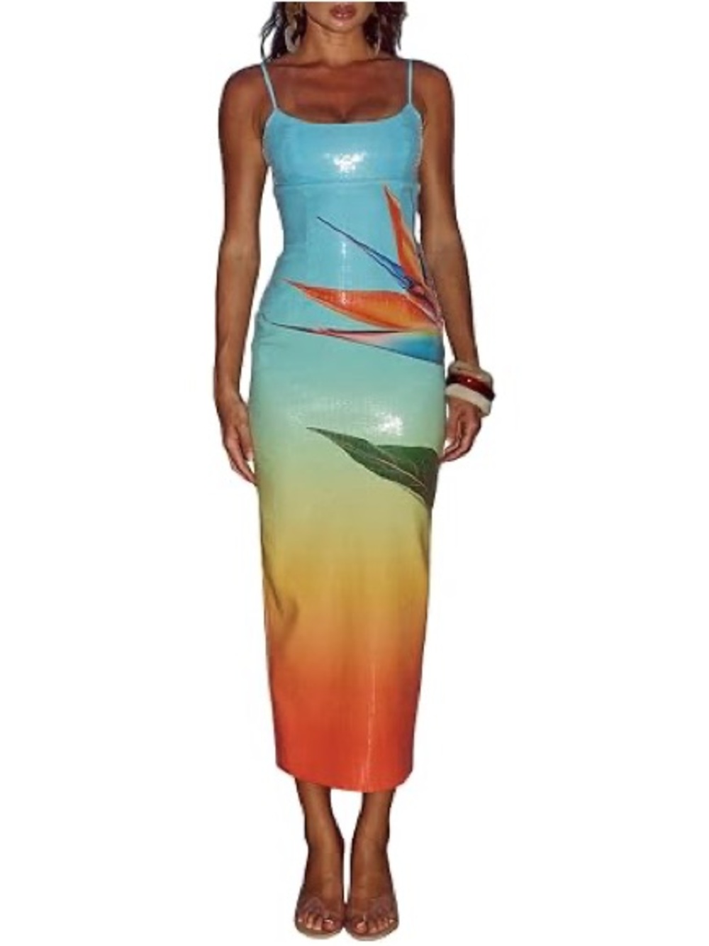 Ombre Tropical Spaghetti-Strap Midi Dress - Turquoise to Coral